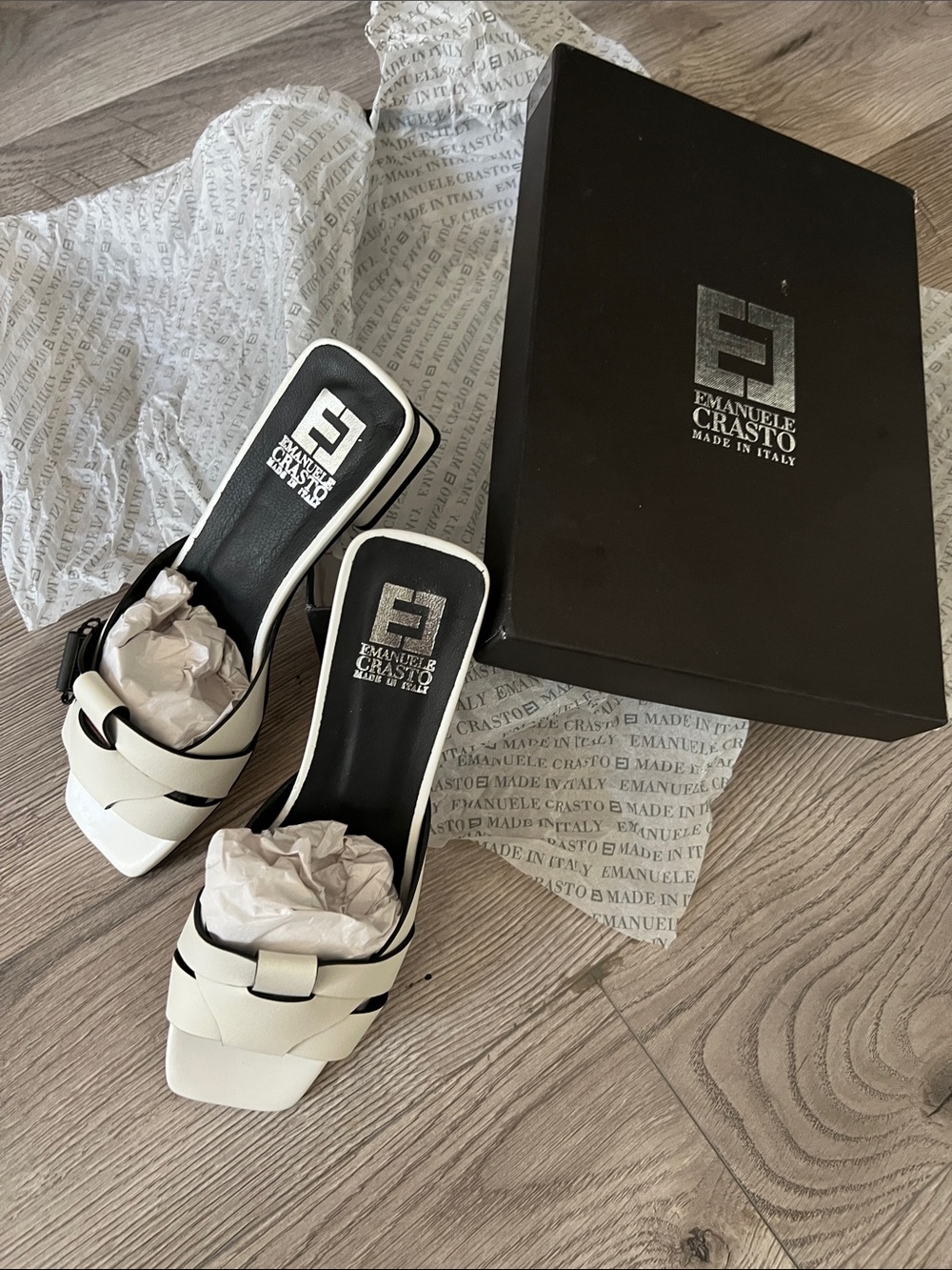 White Woven Leather Slide Sandals with Black Trim